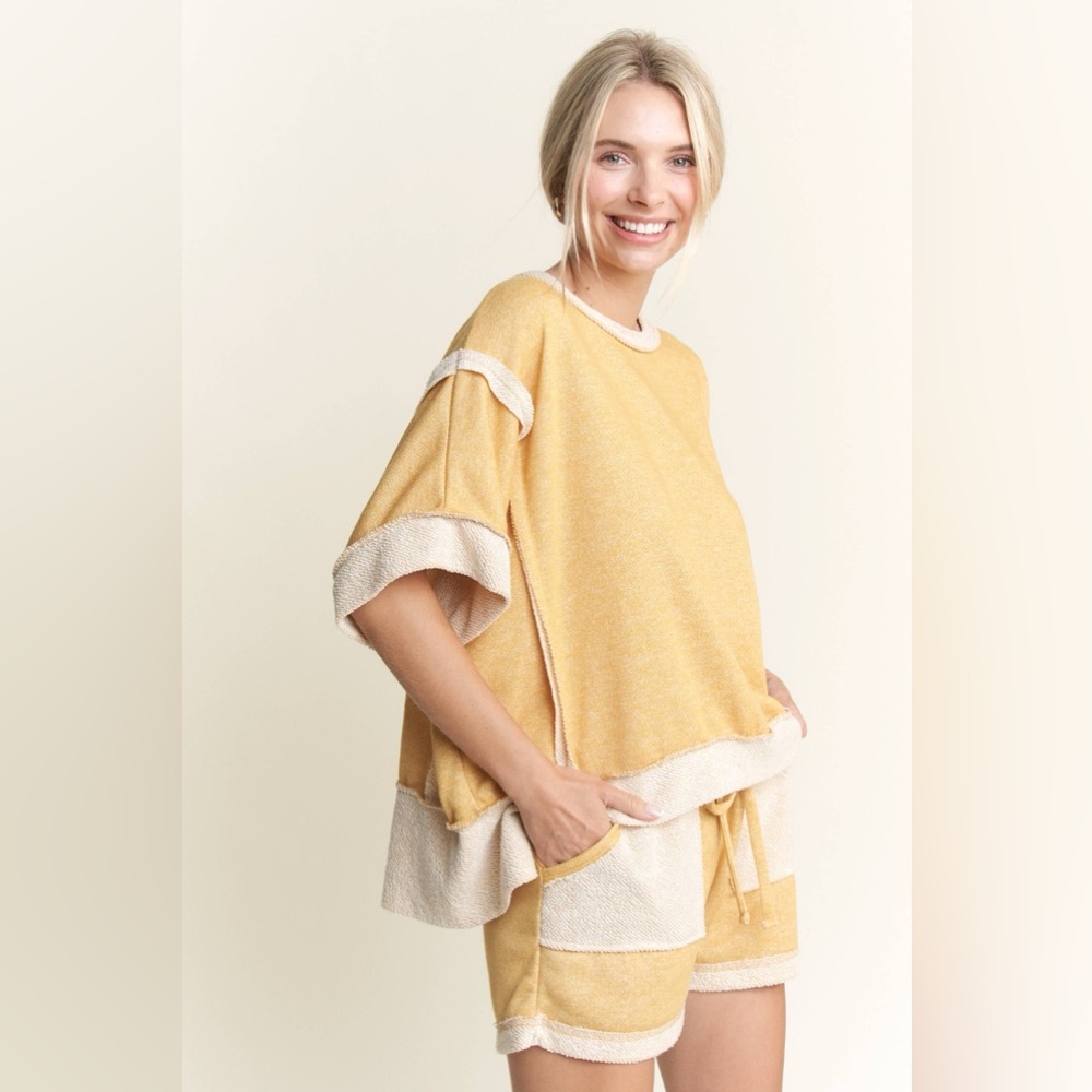 Oversize Banded Top and LoopTerry Pocket Short Set-Mustard - Picture 2 of 3